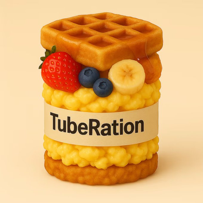 A 3D-rendered image of a stacked breakfast item consisting of waffles and yellow scrambled cereal-like filling, garnished with a strawberry, blueberries, and a banana slice, wrapped with a label reading 'TubeRation'.