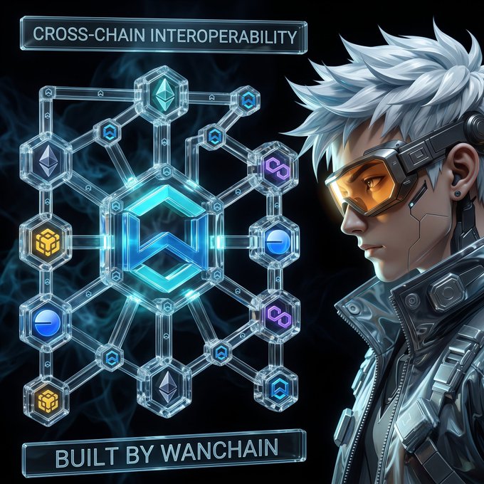 A futuristic character with white hair and orange goggles stands beside a glowing network of interconnected blockchain nodes displaying the text "CROSS-CHAIN INTEROPERABILITY" and "BUILT BY WANCHAIN," visually representing Wanchain's mission to enable secure asset movement across blockchain networks.