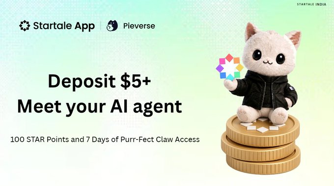 A promotional banner for the Startale App and Pieverse features a plush white cat character in a black jacket sitting on gold coins, with text reading 'Deposit $5+ Meet your AI agent' and '100 STAR Points and 7 Days of Purr-Fect Claw Access'.