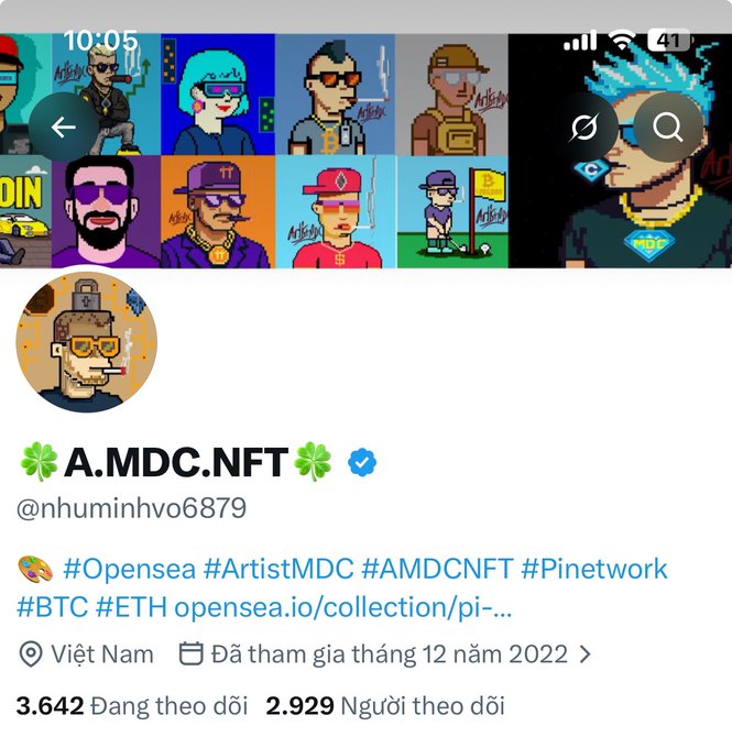 A Twitter/X profile screenshot for the verified account "A.MDC.NFT" (@nhuminhvo6879) featuring NFT artwork, with hashtags including #Opensea, #ArtistMDC, #AMDCNFT, and #Pinetwork.