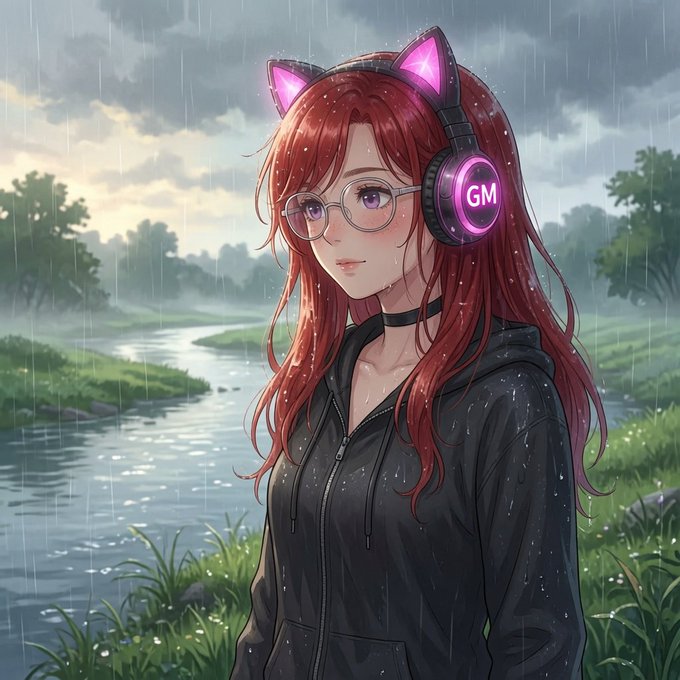 An anime-style girl with red hair, glasses, and glowing pink cat-ear headphones (displaying "GM") stands in a rainy landscape beside a winding river, fitting the "Gm ct family" post's greeting vibe.
