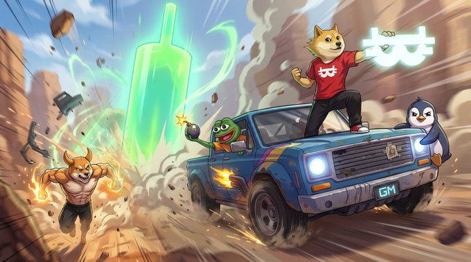 A cartoon Shiba Inu in a red shirt stands triumphantly on a blue truck with "GM" on its license plate, holding a glowing "GM" sign alongside a penguin, while a green glowing sword, a bomb-toting Pepe frog, and a muscular bull burst through a desert canyon — capturing the bullish, energetic spirit of the "GM #NAKAFAM! Let's make today profitable" post.