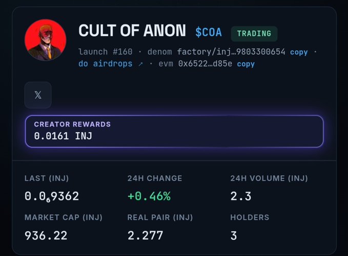 A cryptocurrency token page for "CULT OF ANON" ($COA) showing a price of 0.9362 INJ, +0.46% 24h change, 2.3 24h volume, 936.22 market cap, and 3 holders.