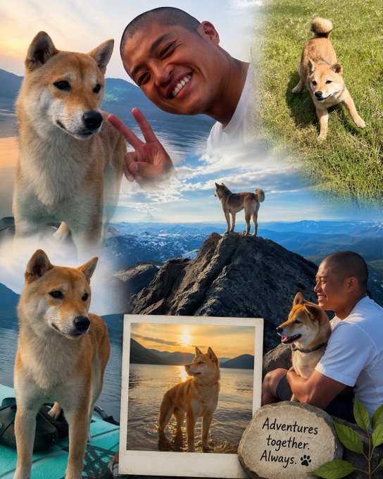 A photo collage featuring a smiling man and a Shiba Inu dog in various scenic outdoor locations including mountains and a lake, captioned 'Adventures together. Always.'