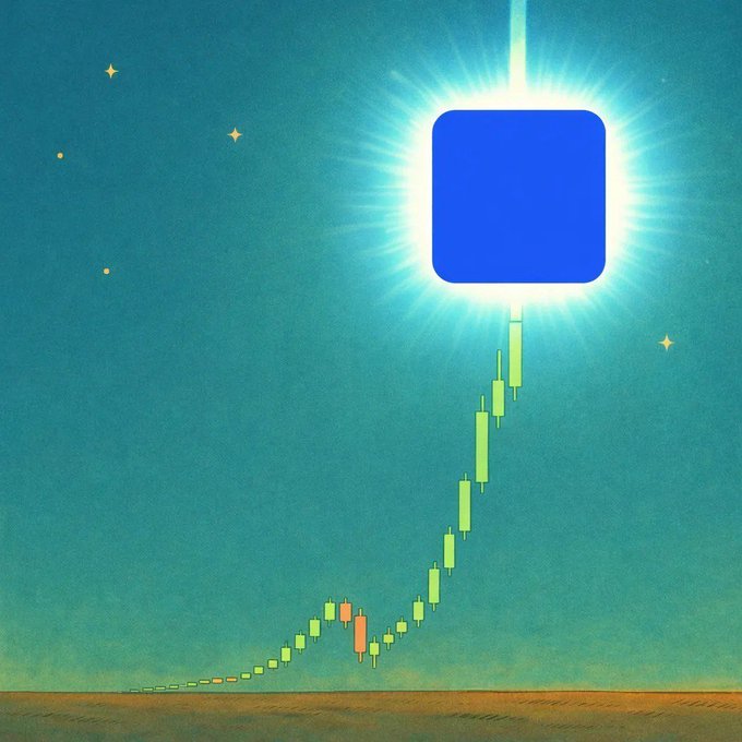 An illustration depicts a green candlestick chart ascending steeply toward a glowing blue square against a starry sky.