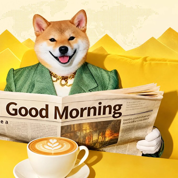 A Shiba Inu dog wearing a green blazer and gold chain smiles while reading a newspaper with the headline "Good Morning," with a latte featuring latte art in the foreground against a yellow geometric background, perfectly matching the "GM Coffee ready. Charts open" morning market post.