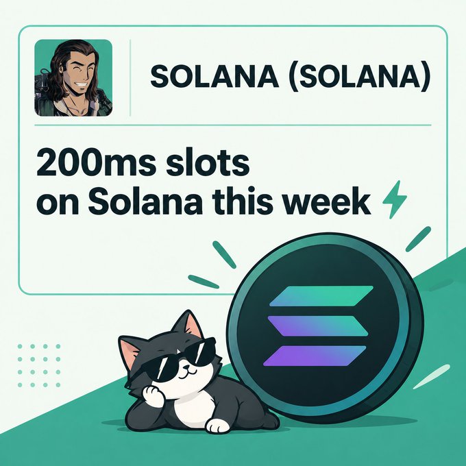 A promotional graphic for Solana that reads 'SOLANA (SOLANA)' and '200ms slots on Solana this week ⚡'. The design features a cartoon cat wearing sunglasses next to the Solana logo.