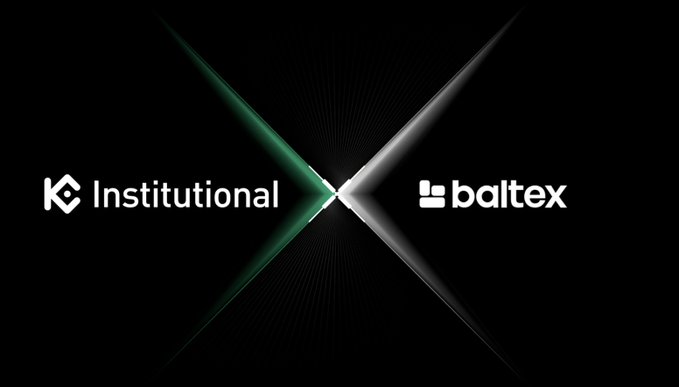 A promotional graphic displaying "KC Institutional" and "baltex" logos separated by a glowing green and white X design on a black background, visually symbolizing the technical integration between KuCoin and Baltex.io for cross-chain swapping announced in the post.