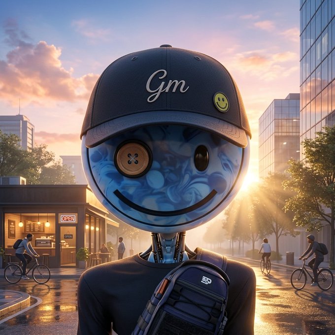 A 3D-rendered robot character with a smiley face, button eyes, and a 'Gym' branded cap and backpack standing in a sunny city street scene.