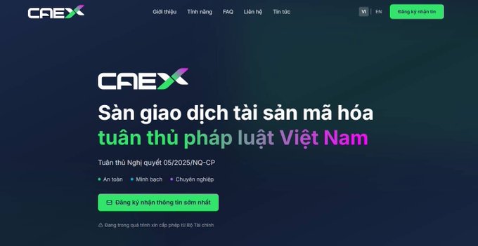 A Vietnamese cryptocurrency exchange website for CAEX advertising compliance with Vietnamese law (Luật Việt Nam).