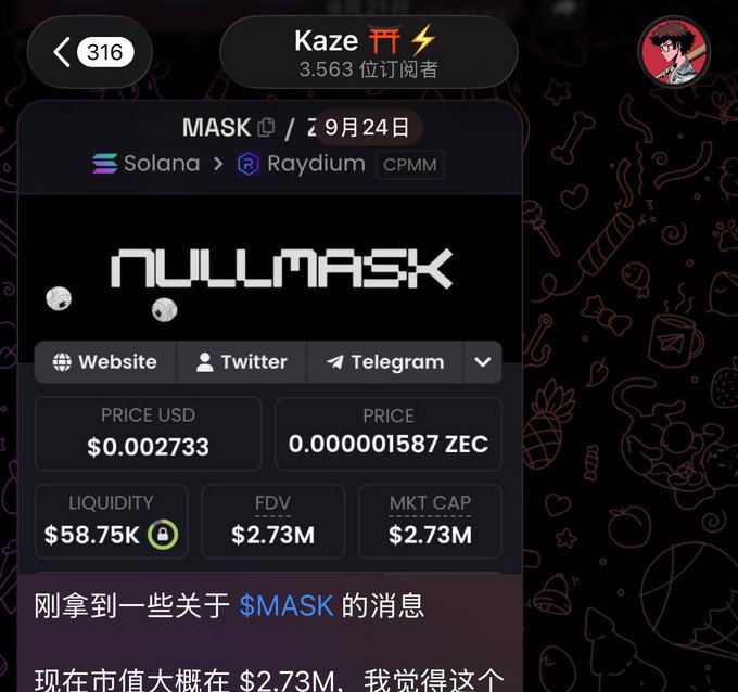 The image shows a Telegram channel called "Kaze" with 3,563 subscribers displaying a token card for NULLMASK ($MASK) on Solana via Raydium, featuring a price of $0.002733, liquidity of $58.75K, and a market cap/FDV of $2.73M as of September 24, with the post below announcing that $MASK has surged roughly 8.8x from $2.73M to $24M market cap.