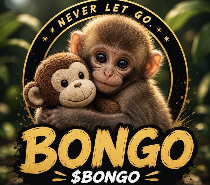 A logo design featuring a baby monkey hugging a plush toy with the text 'NEVER LET GO. BONGO $BONGO' in gold lettering against a green jungle background.