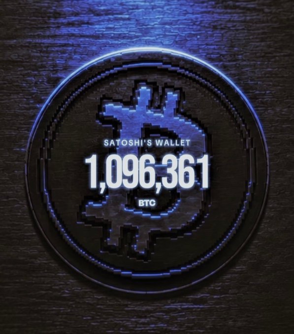 A glowing blue Bitcoin logo coin displays 'SATOSHI'S WALLET 1,096,361 BTC' against a dark wooden background.