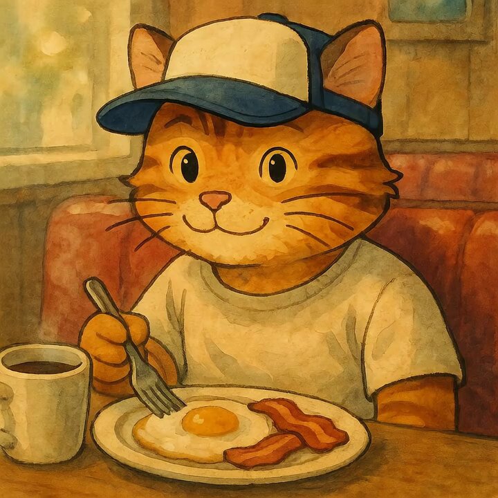 The image features a cartoon cat sitting at a table with an egg, bacon, and coffee mug. The cat appears to be eating breakfast while wearing a baseball cap. The caption of the image reads "Legendary brunch behavior $CWIF".