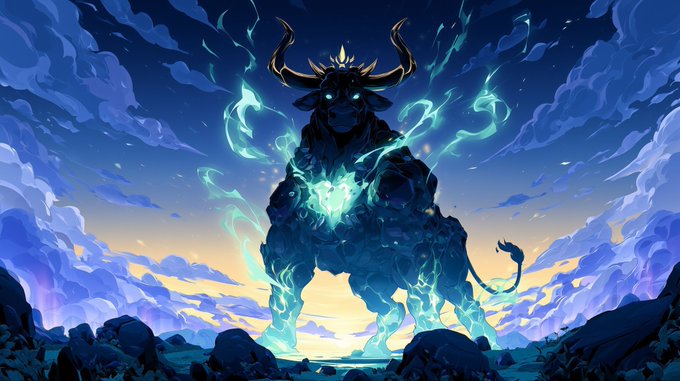 A fantasy digital illustration of a large, glowing bull-like creature with antlers surrounded by ethereal blue energy.