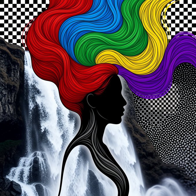 A vibrant digital illustration depicts the black silhouette of a woman's profile with flowing hair in rainbow colors, set against a backdrop of waterfalls and black-and-white patterned designs.