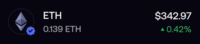 The image shows a cryptocurrency wallet display for ETH (Ethereum), showing a balance of 0.139 ETH valued at $342.97, with a 0.42% price increase. This relates to the post by showing the actual amount of ETH (0.139) the user received as payment, humorously described as "holding a rock."