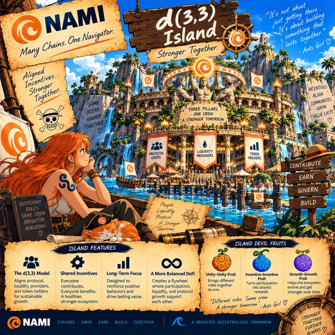 An illustrated infographic for 'NAMI' depicts 'd(3,3) Island,' a pirate-themed promotional poster showing a red-haired woman overlooking an island fortress with sections explaining the d(3,3) Model, Shared Incentives, and Island Devil Fruits.