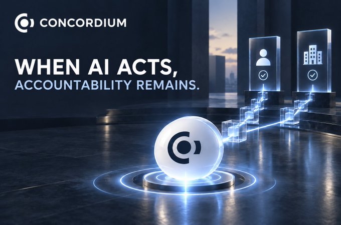 A Concordium advertisement with the tagline 'WHEN AI ACTS, ACCOUNTABILITY REMAINS,' featuring a glowing logo and icons for user and corporate identity verification.