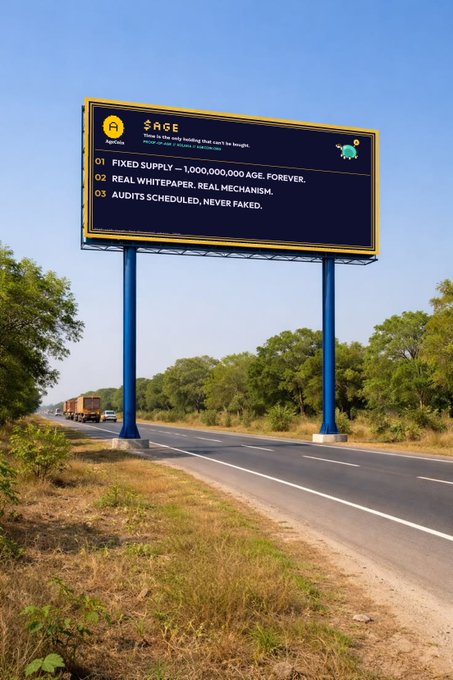 A roadside billboard advertises "$AGE" with the tagline "Time is the only building that can't be bought," listing claims: "FIXED SUPPLY — 1,000,000,000 $AGE. FOREVER," "REAL WHITEPAPER. REAL MECHANISM," and "AUDITS SCHEDULED, NEVER FAKED."