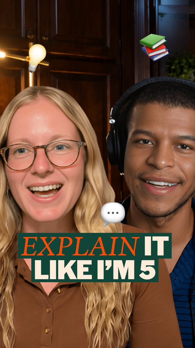 Thumbnail-style image for a podcast or video called "Explain It Like I'm 5," featuring a blonde woman with glasses and a smiling man with headphones, with a lightbulb, speech bubble, and books emoji.