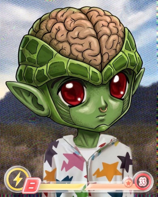 A digital illustration of a chibi-style green-skinned character with red eyes and an exposed brain, wearing a star-patterned hoodie, styled like a fighting game character card.