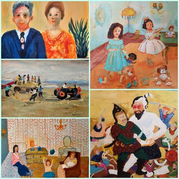 A collage of six colorful paintings in a naive or folk art style depicting various scenes including portraits, children playing, a beach scene, and figures in traditional dress.