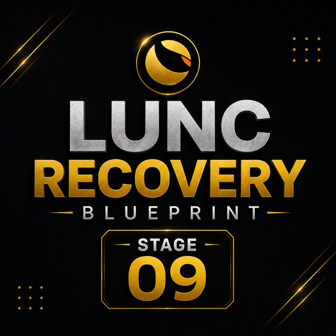 Bold graphic with a gold crescent logo reading 'LUNC RECOVERY BLUEPRINT STAGE 09' on a black background with gold accents.