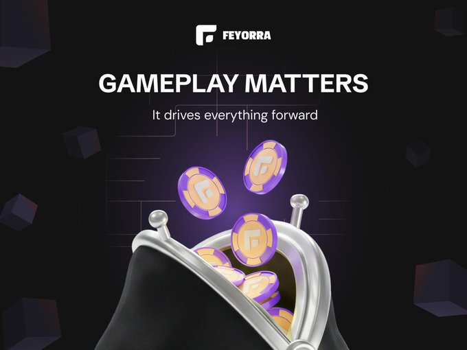The image is an advertisement featuring a black purse, presumably containing money or poker chips, with a stack of coins pouring out from its top. The surrounding area is filled with small cubes arranged in a pattern that seems to be popping out of the purse's handles. The text overlay on the scene reads "GAMEPLAY MATTERS: It drives everything forward". This combination creates an interesting visual and potentially implies a connection between the contents of the purse, such as poker chips or money, and how these items might contribute to gameplay.