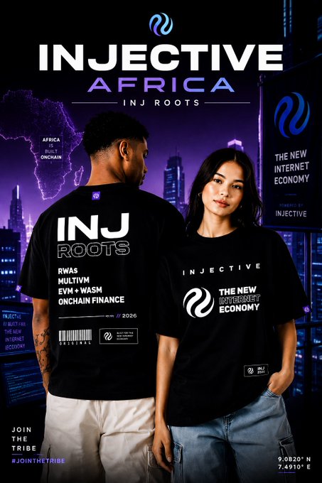 Promotional poster for 'INJECTIVE AFRICA: INJ ROOTS' featuring a man and woman modeling black Injective t-shirts, with text promoting RWAS, Multivm, EVM + WASM, and Onchain Finance, set against a nighttime African city skyline.