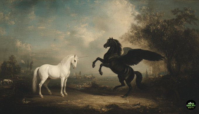 A classical painting showing a white horse and a black winged horse (Pegasus) rearing up facing each other in a pastoral landscape, with a 'MAD LADS NFT' watermark in the corner.