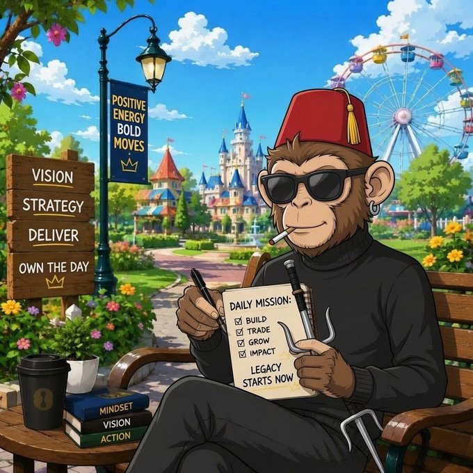A cool monkey wearing a fez and sunglasses sits on a bench in a theme park setting, holding a checklist titled "DAILY MISSION: BUILD, TRADE, GROW, IMPACT — LEGACY STARTS NOW," surrounded by motivational signs reading "VISION," "STRATEGY," "DELIVER," "OWN THE DAY," and "POSITIVE ENERGY BOLD MOVES," with books labeled "MINDSET," "VISION," and "ACTION." The image ties into the post's message of building wealth during tough times, using the monkey's strategic planning and confident demeanor as a symbol of disciplined long-term investing that turns bear markets into future fortunes.