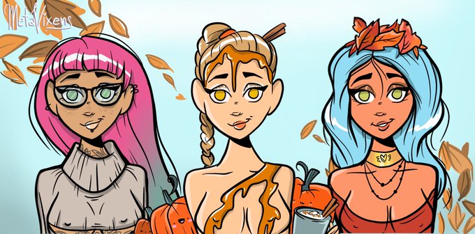 A digital illustration of three stylized female characters with pink, orange, and blue hair respectively, drawn in an autumn theme with falling leaves.