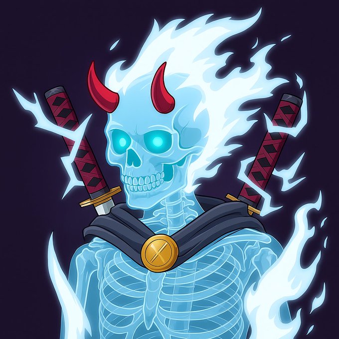 An illustration of a blue skeletal figure with glowing cyan eyes, red devil horns, and a fiery aura, carrying two swords crossed on its back and wearing a dark cloak with a gold medallion.