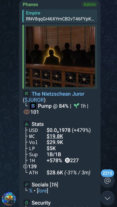 A dark-themed mobile app interface displays crypto token statistics for 'The Nietzschean Juror ($JUROR)' with a pump indicator at 84%.