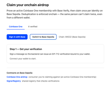Screenshot of a "Claim your onchain airdrop" verification page on base-verify-onchain-demo.vercel.app, showing a Base One × verified eligibility interface with options to "Sign in with Base" or "Switch to Base Sepolia" (Chain: 84532) and a Step 1 instruction to get verification by signing a message for an EIP-712 verification.