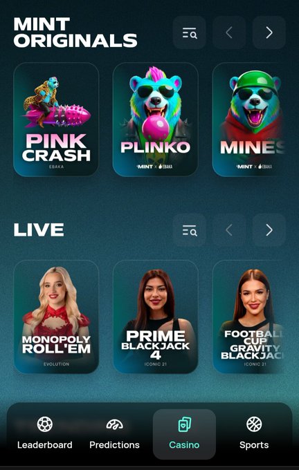 A mobile app screen for MINT showing 'MINT ORIGINALS' casino games (Pink Crash, Plinko, Mines) and 'LIVE' games (Monopoly Roll'Em, Prime Blackjack 4, Football Gravity Blackjack).