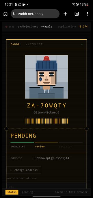 A mobile screenshot of the ZADDR whitelist application page showing a pixel art NFT character, the code 'ZA-70WQTY' with username '@SimonNickweb3', and a 'PENDING' status.