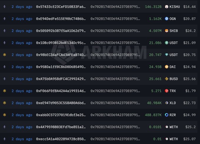 A blockchain transaction list from Arkham showing funds drained to attacker wallet 0x7028174ED69A237DE0791... from various victims over 2 days, with amounts ranging from $14.44 to $25.66 in tokens like KISHU, OGN, SHIB, USDT, DAI, BUSD, TRX, XLD, RZR, and WETH.