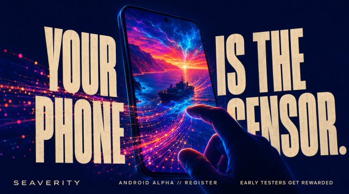 An advertisement features the text "YOUR PHONE IS THE SENSOR." with "SEAVORITY" branding, showing a smartphone displaying a vibrant sunset seascape and "ANDROID ALPHA // REGISTER" at the bottom.
