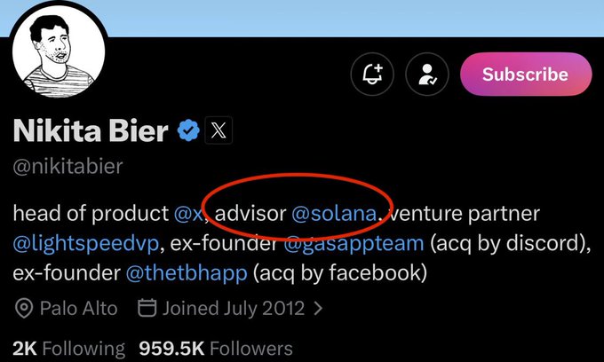 The image shows a Twitter/X profile for Nikita Bier (@nikitabier), who is the Head of Product at X, with his title circled in red. With 959.5K followers and his bio noting his role as Head of Product at X, the caption highlights the irony in the accompanying post's plea—asking Bier to "come back" to X, even though he is already in a leadership role at the very platform the post was made on.