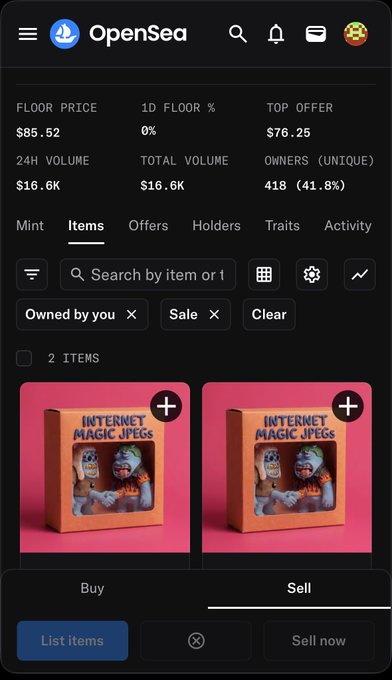 An OpenSea mobile interface displays a collection with a floor price of $85.52, top offer of $76.25, and 24H volume of $16.6K, showing two items from "Internet Magic JPEGs" available for buy or sell. The screenshot confirms the post's mention of owning two "Internet Magic JPEGs" NFTs, with filters applied to show items owned by the user that are listed for sale.