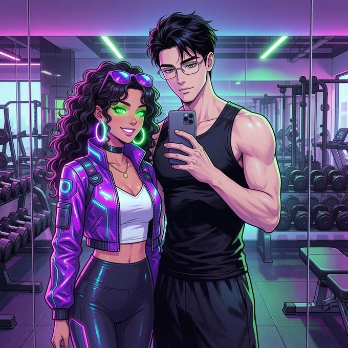 A neon-lit gym selfie of a stylish couple—a woman in a glowing purple tech-wear jacket and a man in a black tank top taking the photo—perfectly matches the "gm" (good morning) crypto greeting with a fitness-meets-future aesthetic.