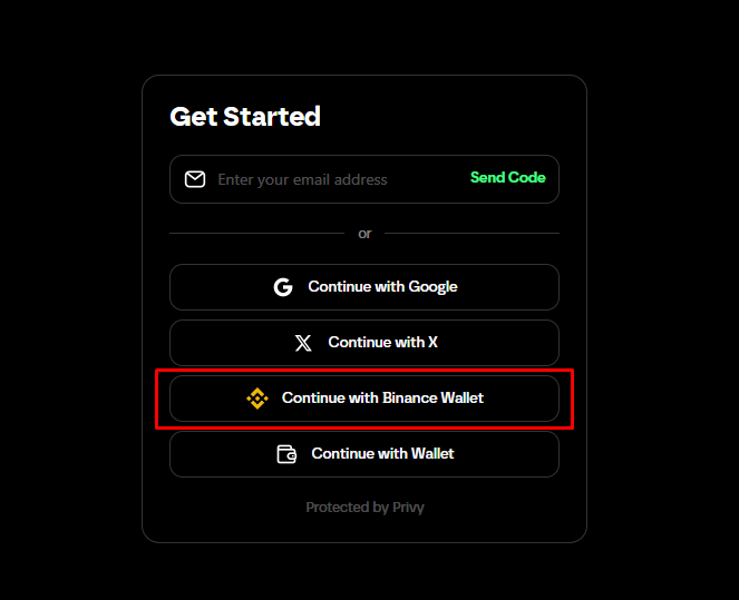 A dark-themed 'Get Started' login screen featuring sign-in options including email, Google, X, Binance Wallet (highlighted in red), and Wallet, protected by Privy.