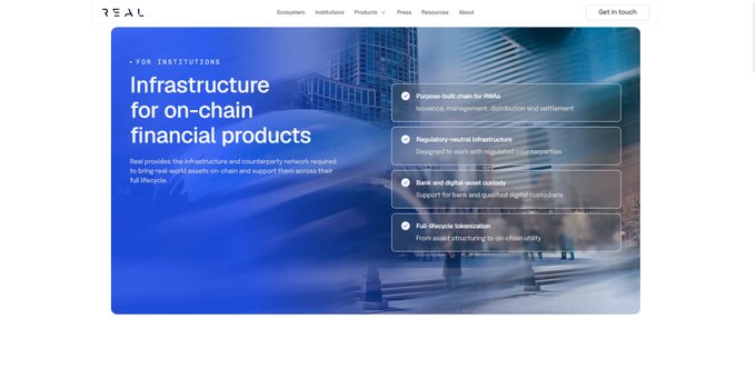 A webpage section from 'REAL' outlining 'Infrastructure for on-chain financial products,' featuring a blue-tinted city background and details on purpose-built chains, regulatory infrastructure, tokenization, and asset custody.