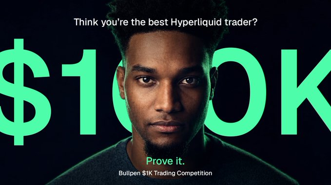 The image features a man with black hair wearing a black shirt, standing against a dark background. Below him, there's an advertisement for a trading competition that reads "Think you're the best Hyper Liquid Trader? $10K prove it." The text is written in green and white colors, making it stand out against the black background of the image.