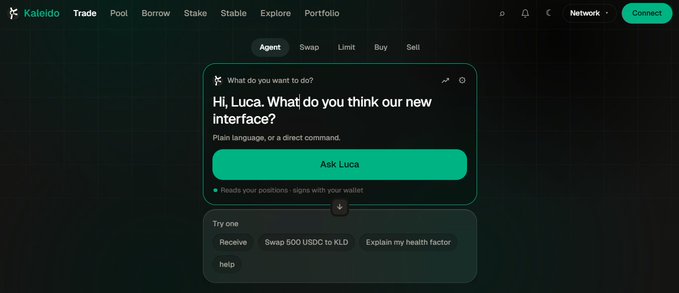 The Kaleido crypto platform interface featuring an AI agent named 'Luca' with a chat prompt 'Hi, Luca. What do you think our new interface?' and options like 'Receive', 'Swap 500 USDC to KLD', and 'Explain my health factor'.