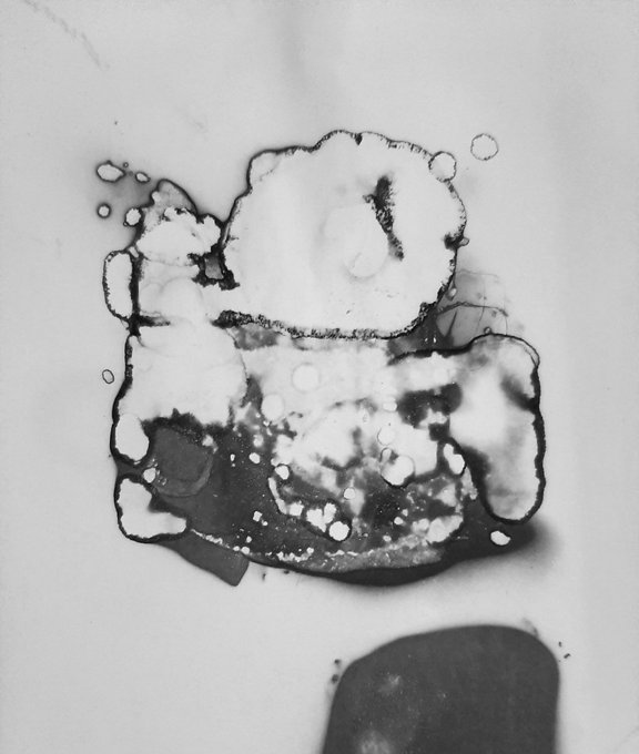 A black-and-white abstract ink-blot image resembling a Rorschach test, showing a symmetrical splotchy pattern with bubble-like formations against a light marbled background.