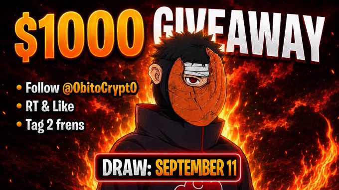 A fiery promotional graphic for a "$1000 GIVEAWAY" featuring an anime character wearing an orange pumpkin-like mask with a single visible eye, set against a background of orange and black flames. The image displays participation instructions—"Follow @ObitoCrypt0, RT & Like, Tag 2 frens"—along with a highlighted "DRAW: SEPTEMBER 11" banner, directly matching the giveaway rules and draw date mentioned in the accompanying post.