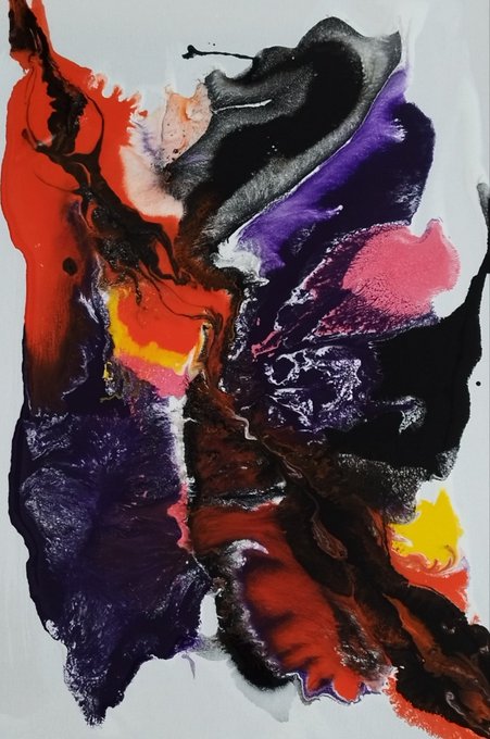 An abstract painting featuring bold splashes of red, purple, black, and yellow colors on a white background, with fluid, organic shapes that appear to flow and merge together.